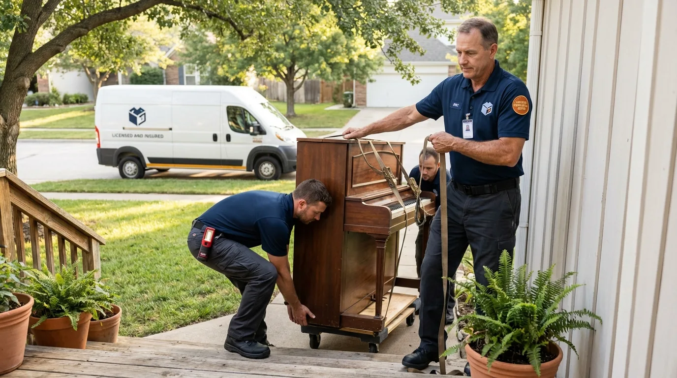 Licensed piano movers securing grand piano in Montgomery City, MO