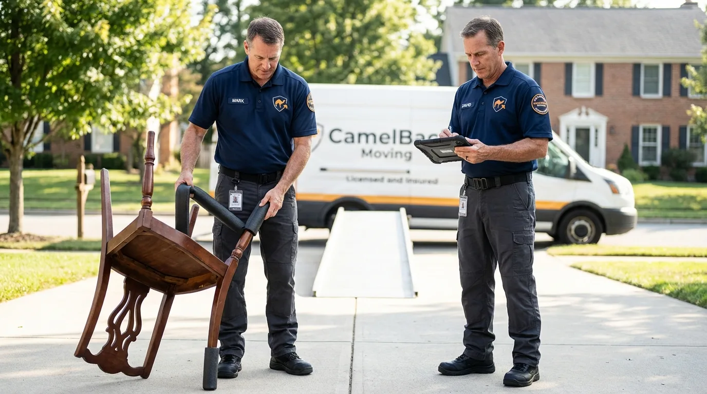 Movers inspecting furniture for damage prevention before loading in Montgomery City, MO