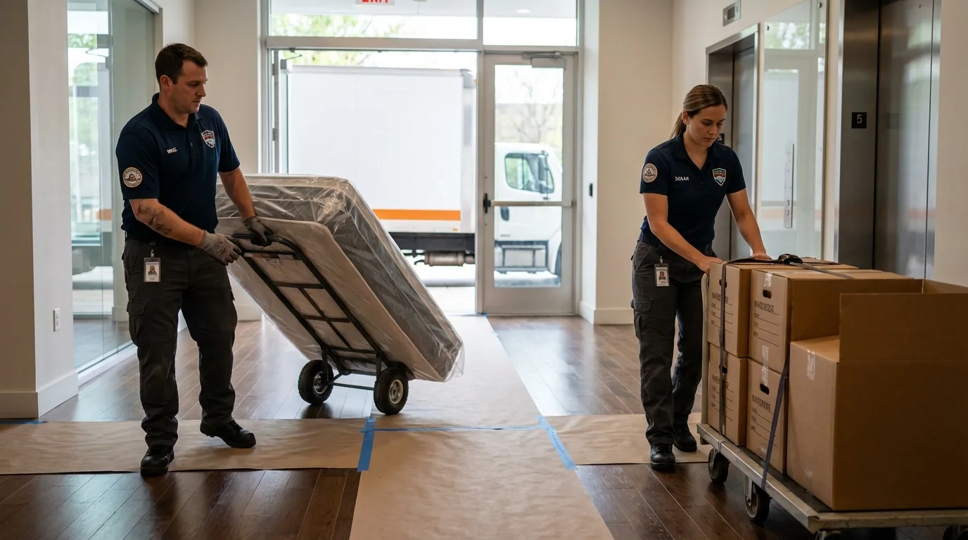 Professional apartment movers loading elevator in Montgomery City, MO